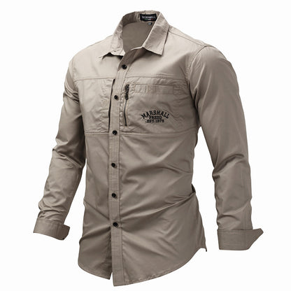 Manga de lapela de manga longa Cotton Military Outdoor Casual Men Shirt