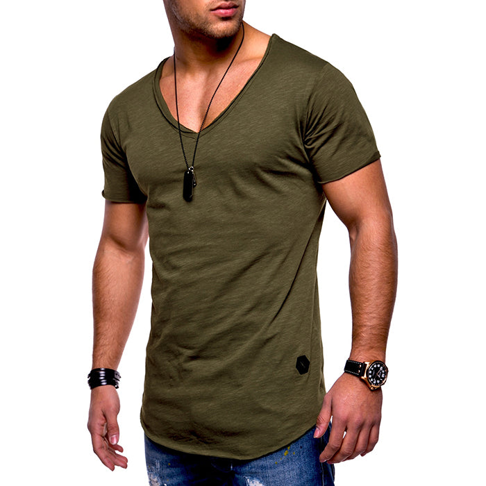 Cotton Solid Color V-Neck Breathable Men's T-shirt - KINGEOUS