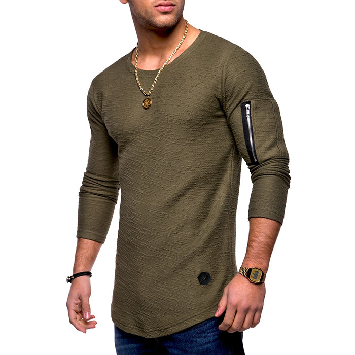 Solid Color Round Neck Arm Zip Style Men's T-shirt