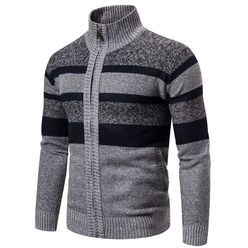 Outdoor Stand Collar Striped Sports Men's Knitted Cardigan Sweater
