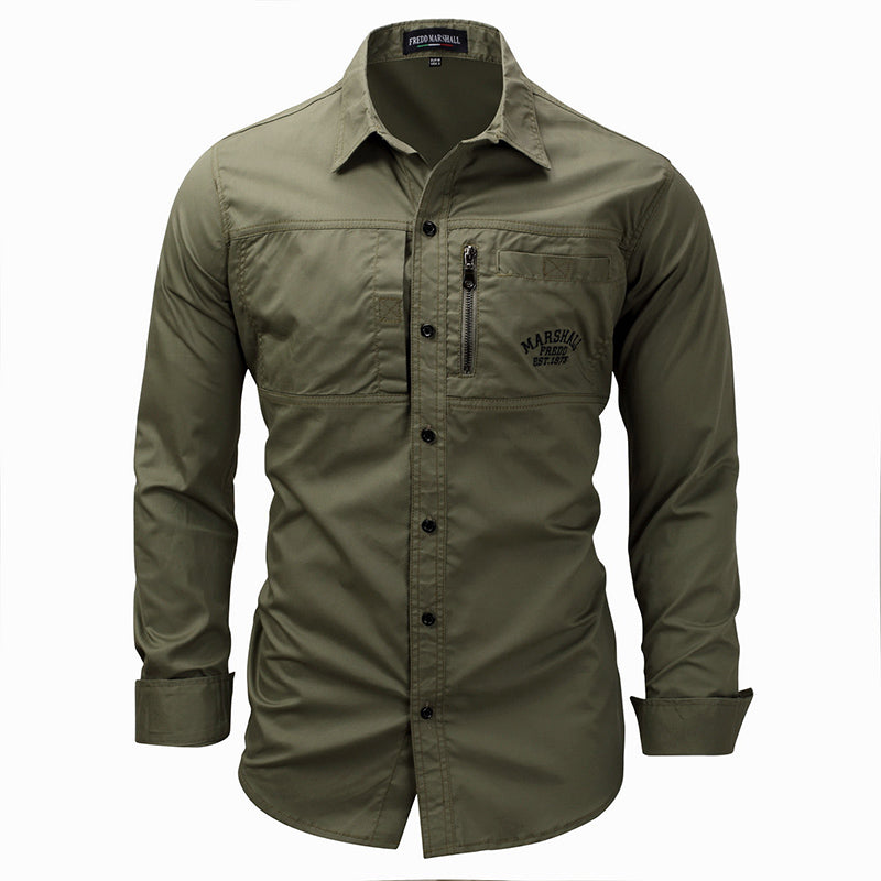 Long Sleeve Lapel Zipper Cotton Military Outdoor Casual Men Shirt