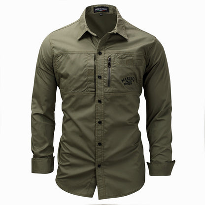 Manga de lapela de manga longa Cotton Military Outdoor Casual Men Shirt