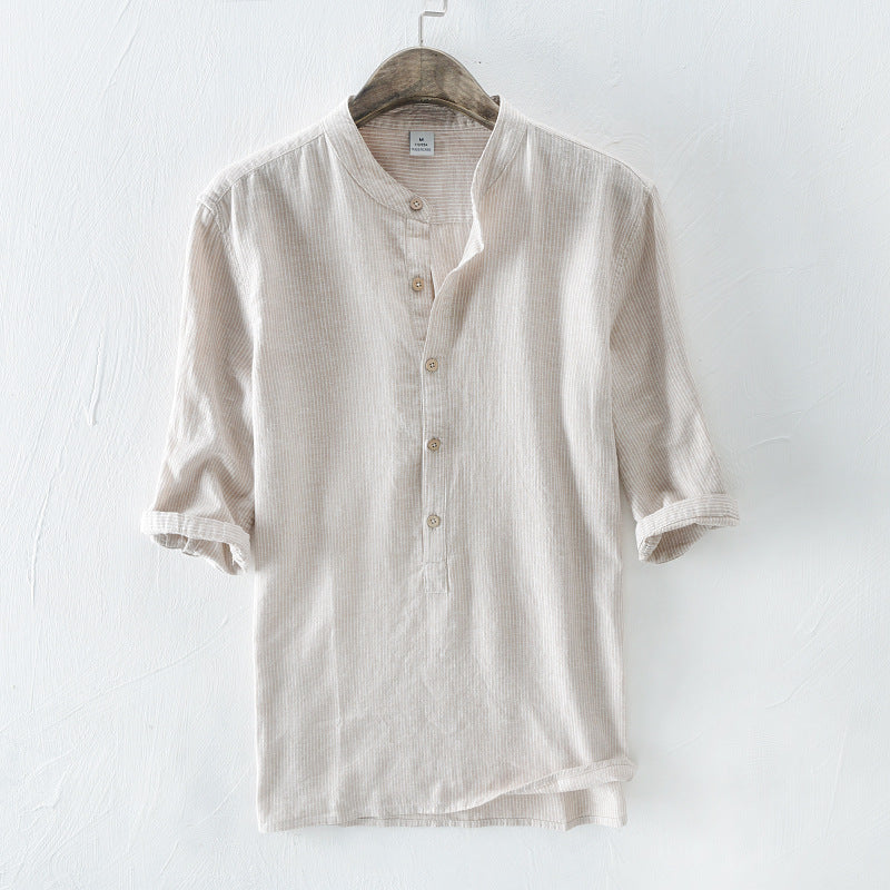 100% linen Cotton Middle Sleeve Men's Stripe Shirt - KINGEOUS