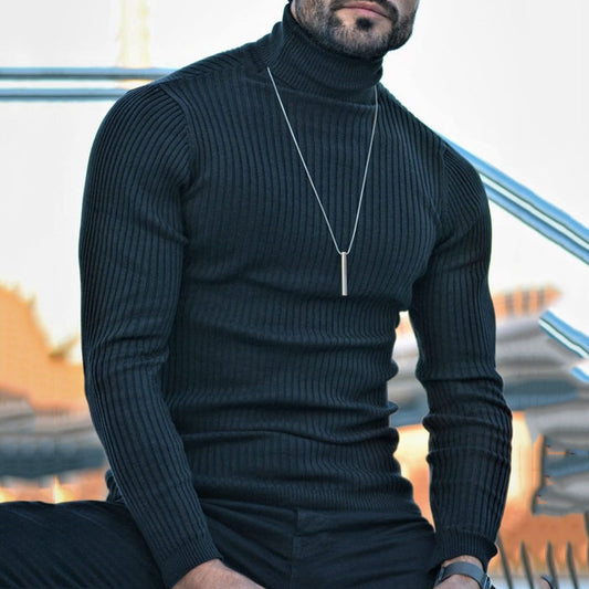 Black Slim High Collar Long Sleeve Knit Men Sweater