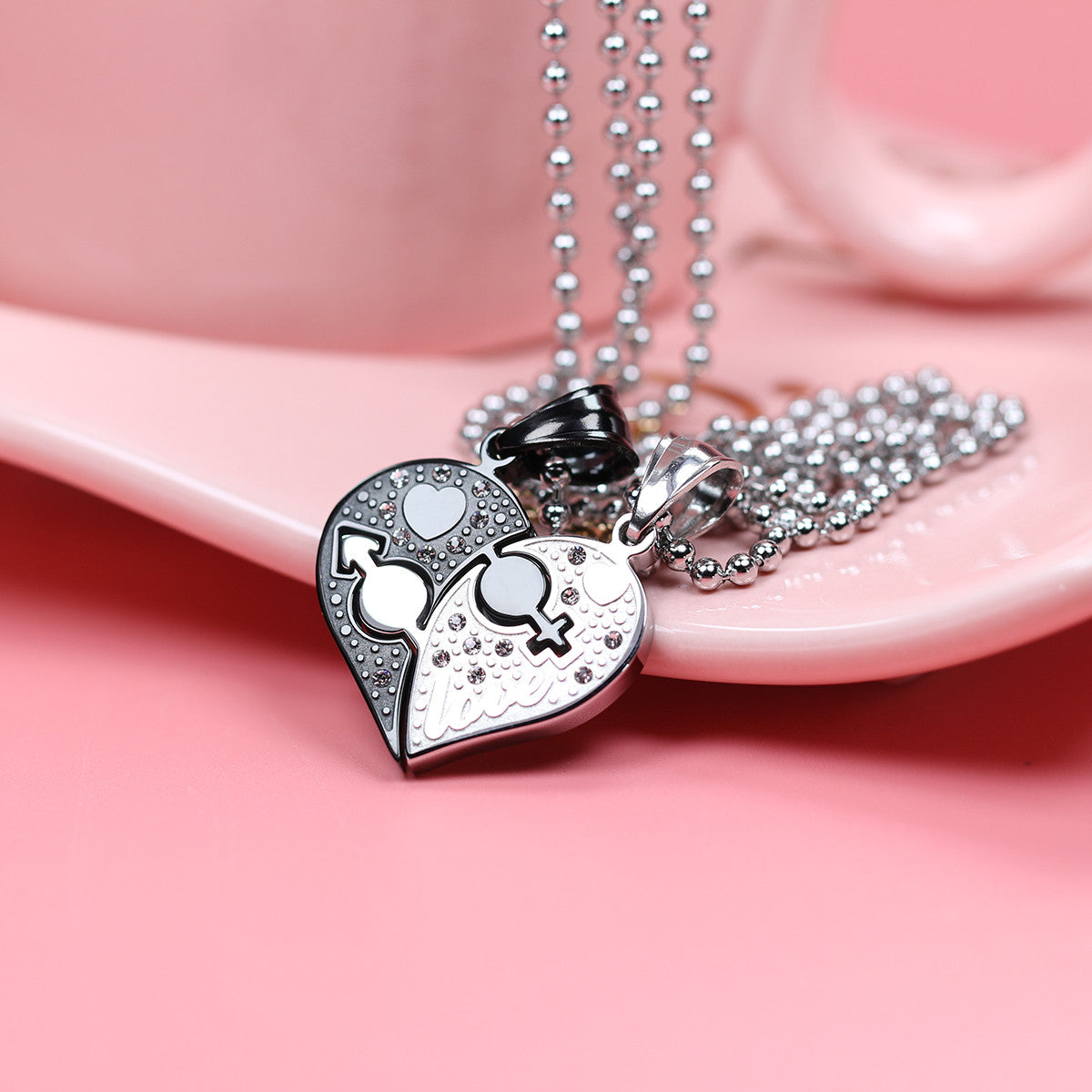 Sweet Love Heart Shape CZ Inlaid Stainless Steel Couple Necklace