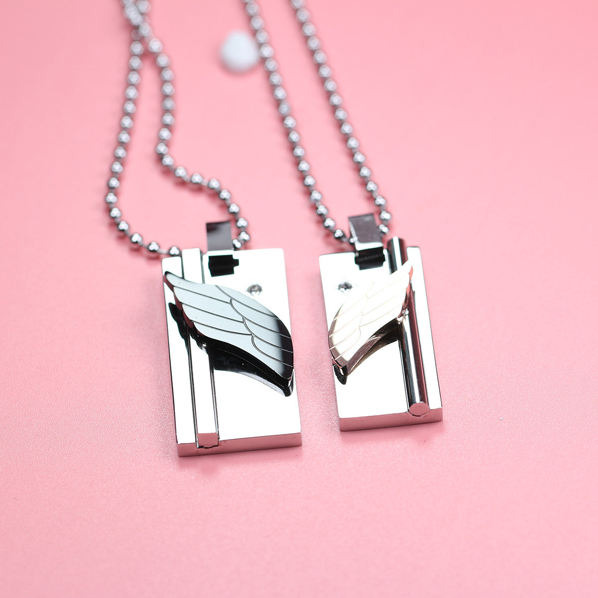 Romantic Wings Shape CZ Inlaid Stainless Steel Couple Necklace