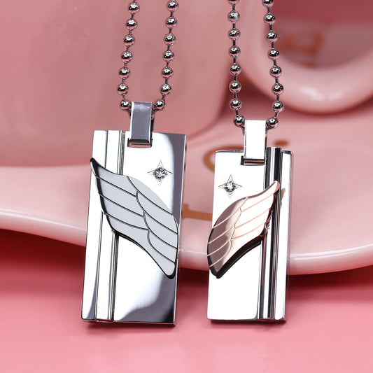 Romantic Wings Shape CZ Inlaid Stainless Steel Couple Necklace