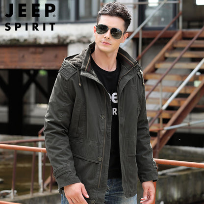 سترة مبطنة بالقطن سميكة للرجال بغطاء للرأس وبطانة قطيفة قابلة للفصل