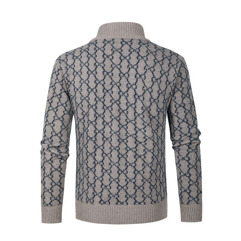 Stylish Warm Jacquard Knit Stand Collar Zip-Up Sweater