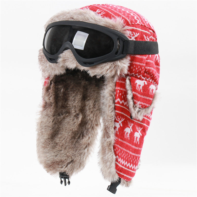 Outdoor Knitted Ski Ear Protection Christmas Warm Hat with Goggles
