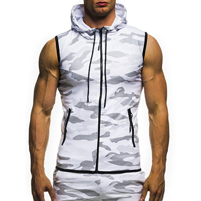 Digital Printing Battlefield Camo Sleeveless Hooded Vest - KINGEOUS