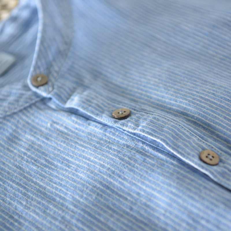 100% linen Cotton Middle Sleeve Men's Stripe Shirt - KINGEOUS
