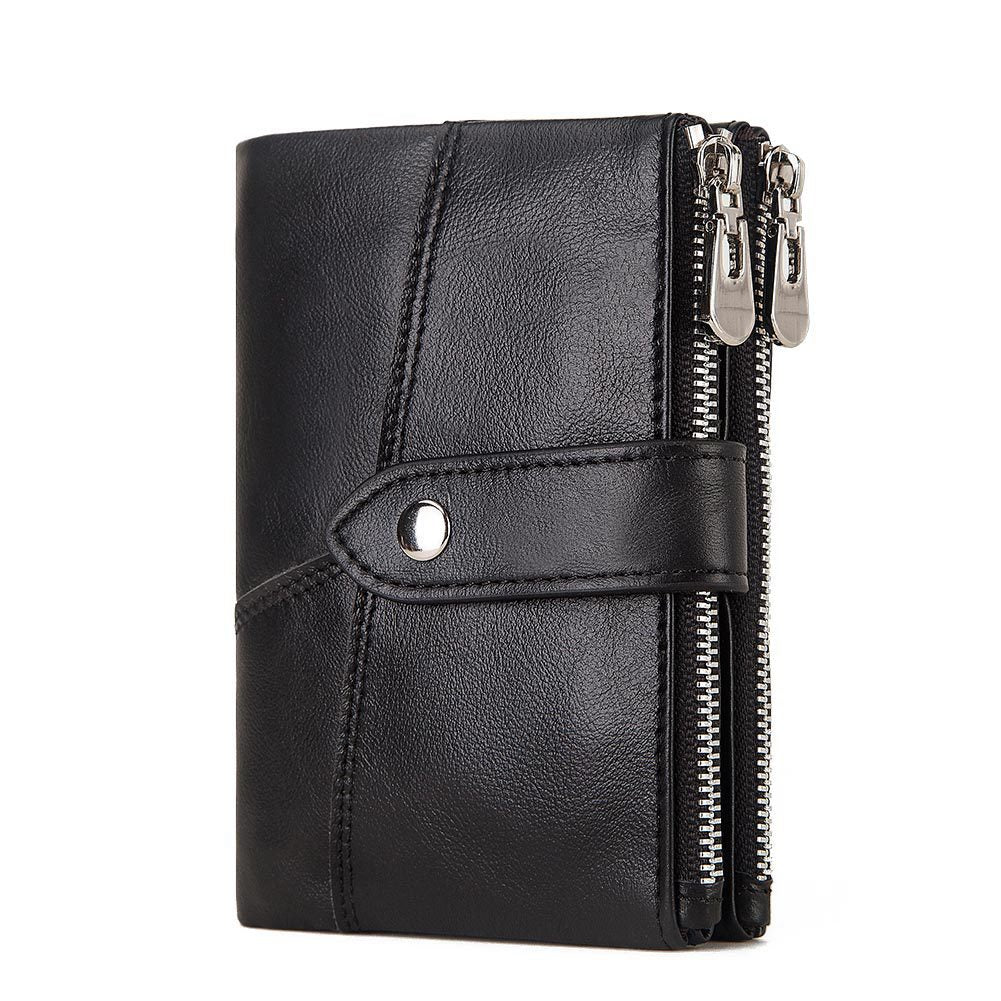 First Layer Cowhide RFID Leather Double Zipper Coin Men's Wallet