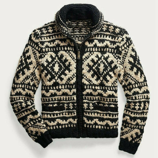 Jacquard Weave Black and White Knit Long Sleeve Warm Men Sweater Coat