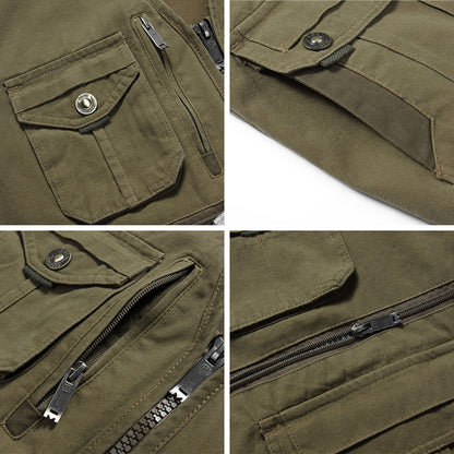 Colete masculino de colo sólido com zíper em V multi-bolso