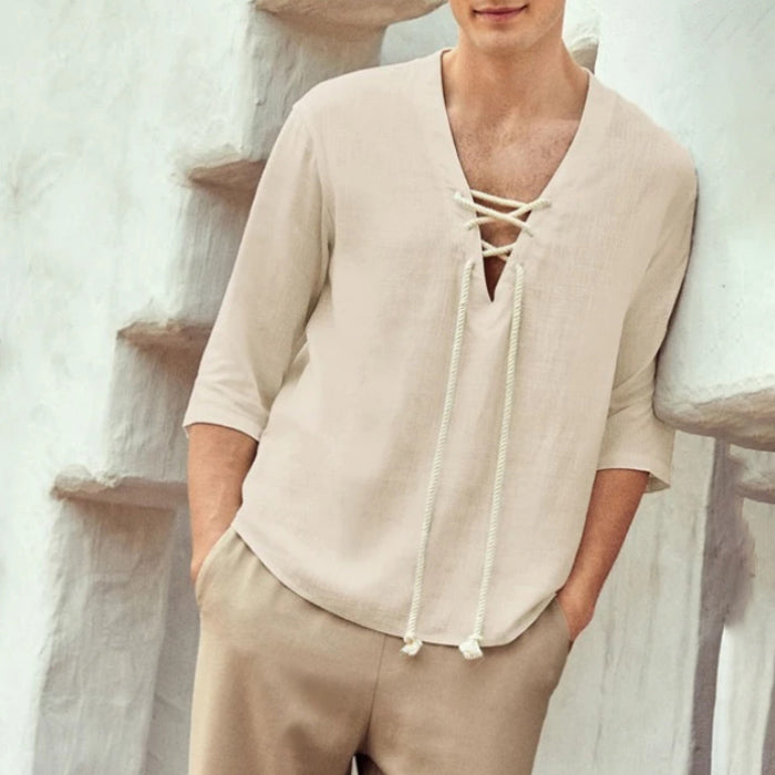 Solid Color Cotton Linen V-neck Long-sleeved Men's T-shirt