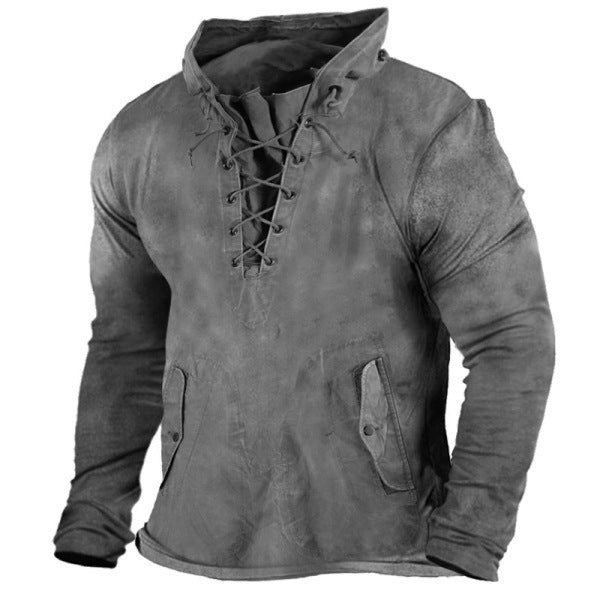 Solid Color Casual Vintage Lace-Up Men's Hoodie T-Shirt