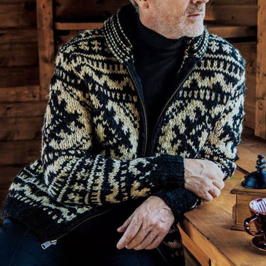 Jacquard Weave Black and White Knit Long Sleeve Warm Men Sweater Coat