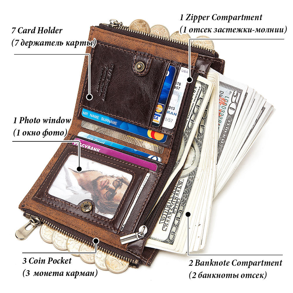 Retro  Double Zipper Anti-theft Brush RFID Leather Men's Wallet