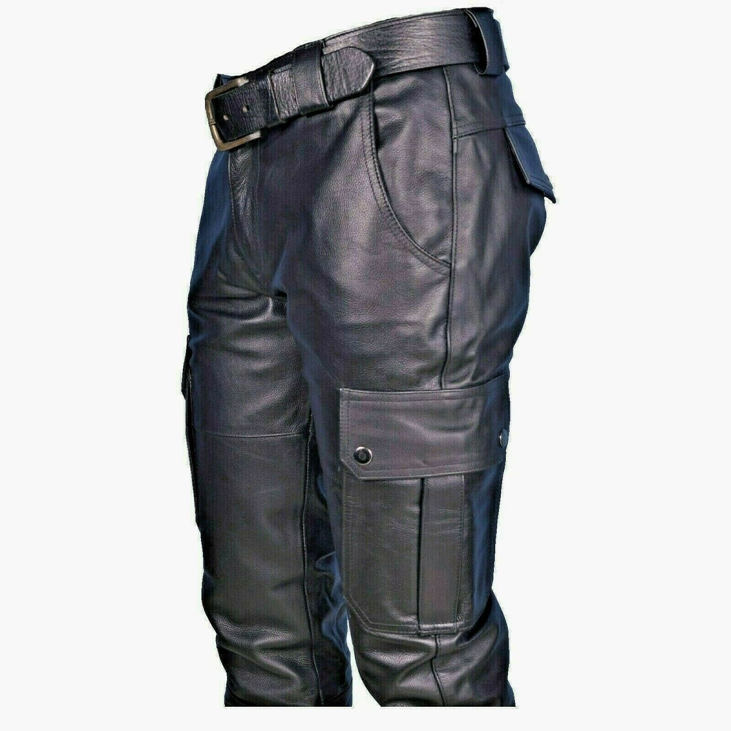 Solid Color PU Strap Casual Men‘s Leather Pants