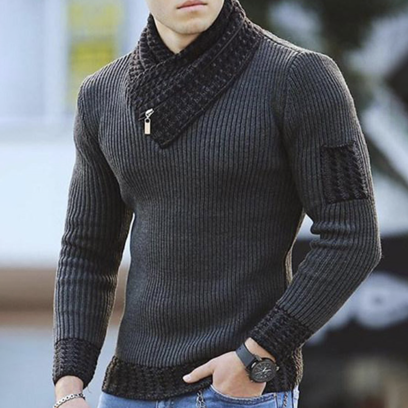 Men's Scarf Collar Knit Pullover Patchwork Sweater