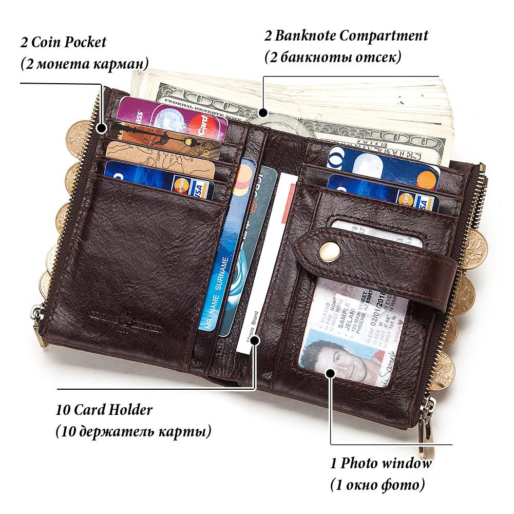 First Layer Cowhide RFID Leather Double Zipper Coin Men's Wallet